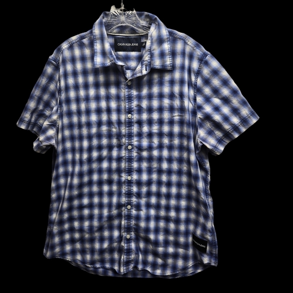 Calvin Klein Jeans Mens Button-Up Shirt Blue Plaid Short Sleeve Preppy Large